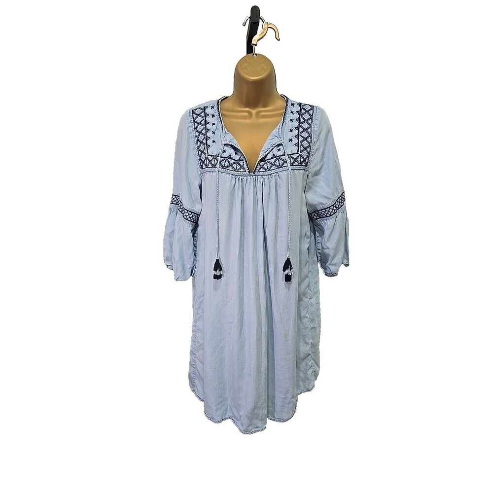 Embroidered Chambray Dress 6 Blue Boho Peasant Prairie Tassels Country Cowgirl